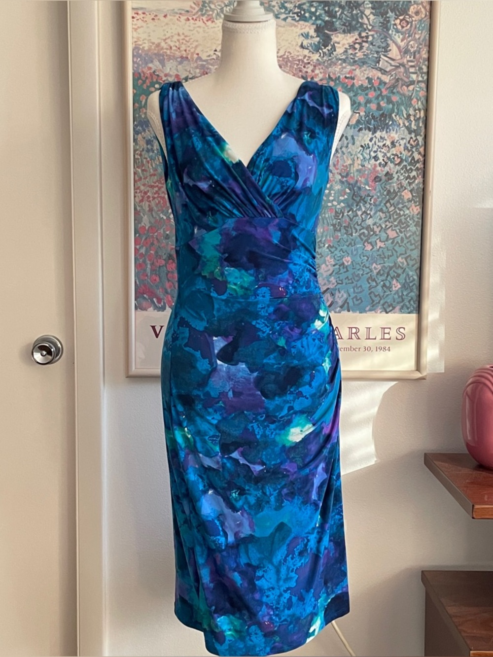Lauren Ralph Lauren Floral Midi Dress Small Blue Watercolor Fairy Wedding Guest